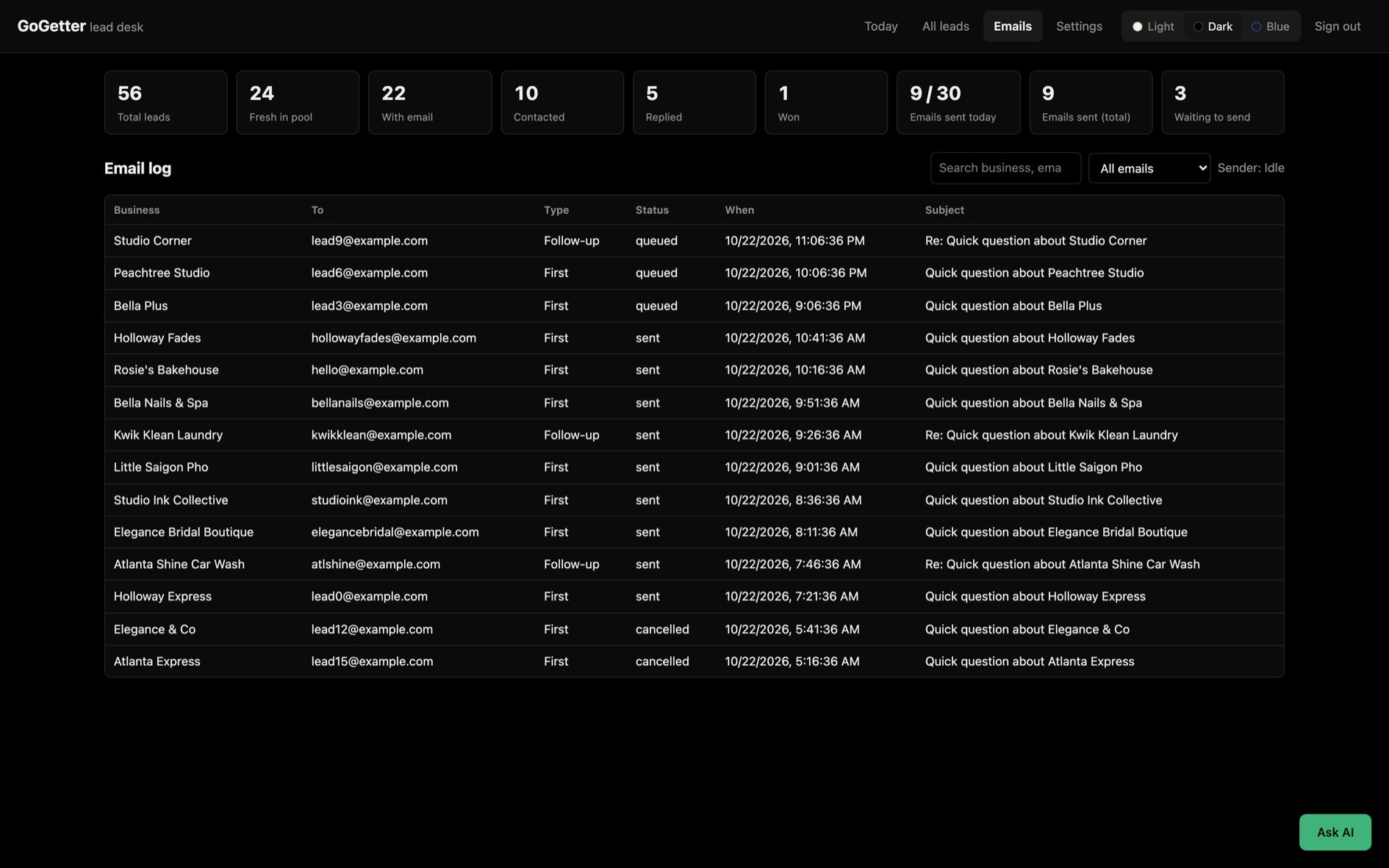 GoGetter: Email log: first emails and follow-ups, sent at a steady pace within the daily limit.
